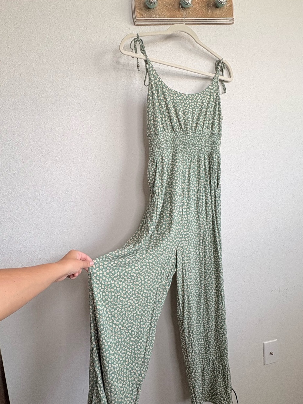 American Eagle Sage Green floral Printed Spaghetti-Strap Wide-Leg Jumpsuit